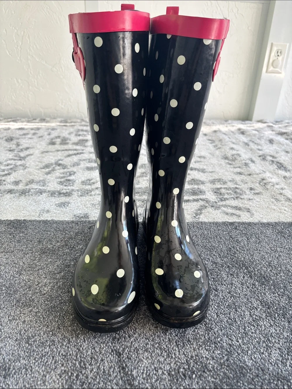 Capelli of New York Black Polka Dot Rain Boots with Pink Trim, worn once.